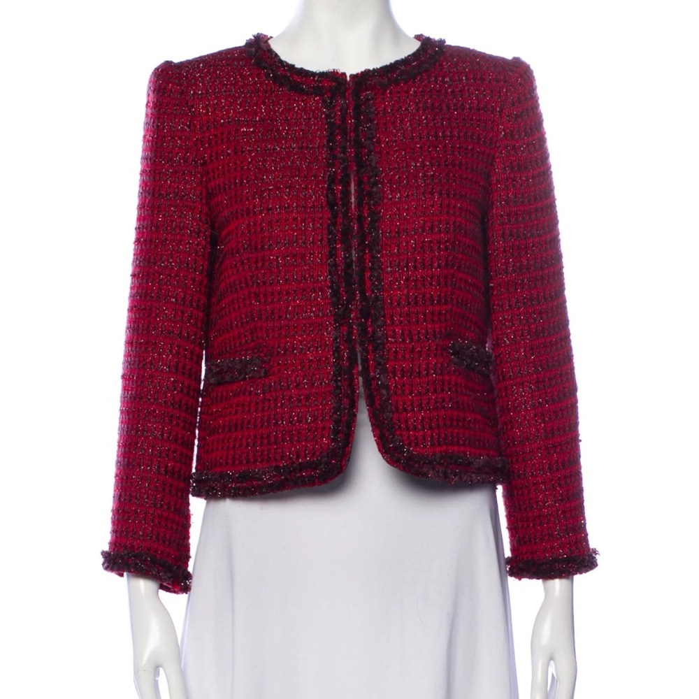 Alice + Olivia Red Tweed Blazer with Black Trim